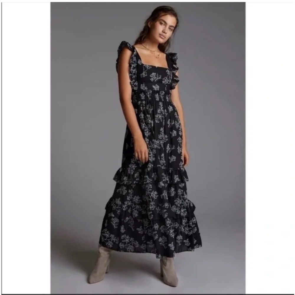 Especia Embroidered Floral Maxi Dress Ruffles Trim Anthropologie Navy - Picture 2 of 10